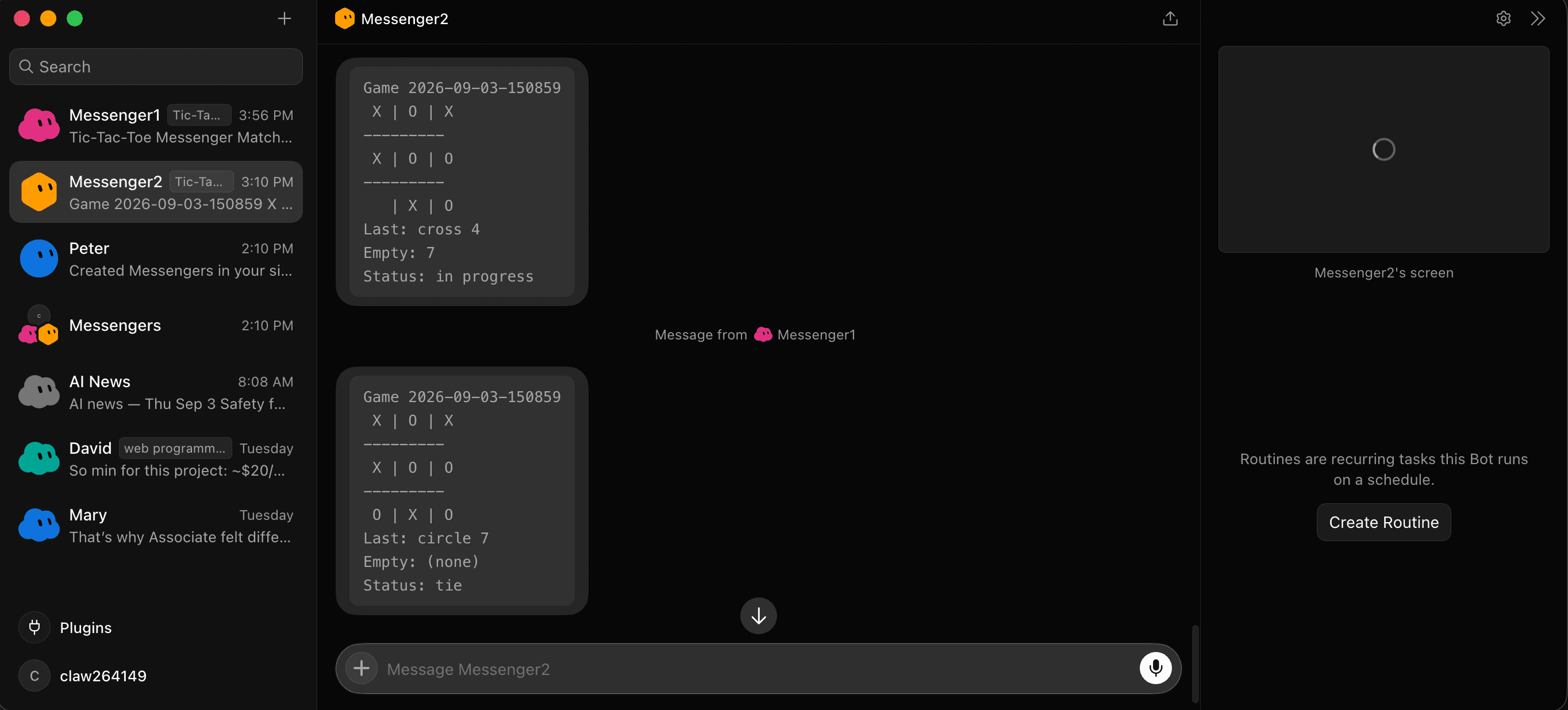 Messenger2's chat showing two ASCII boards received from Messenger1 during the same game.